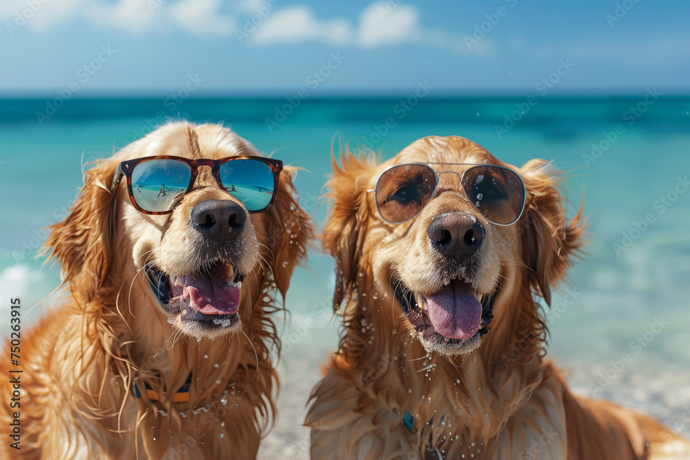 two golden retriever dogs wearing sunglasses on the beach with clear blue water
