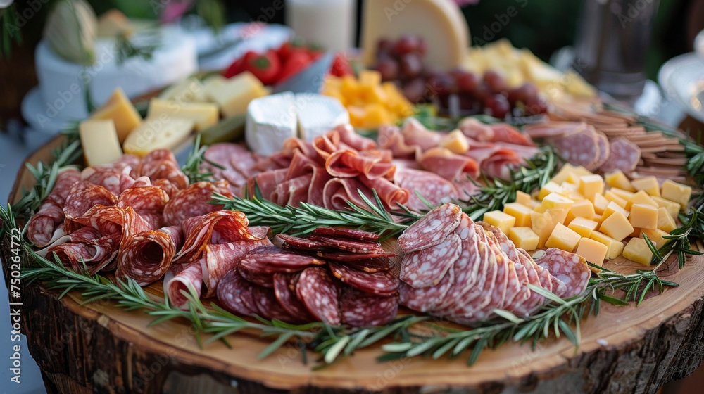 A colorful spread of organic meats and cheeses sourced from local farms and displayed on a rustic wooden platter inviting guests to savor each unique flavor.
