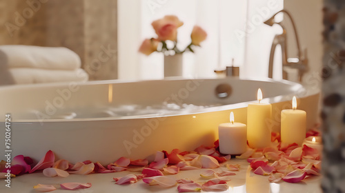 Tranquil Bath with Floral Touch. A serene bathroom setup with a luxurious bath surrounded by candles and rose petals, epitomizing relaxation and self-pampering.