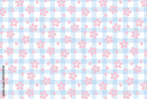 seamless pattern with cherry blossoms and gingham plaid for greeting cards, flyers, social media wallpapers, etc. 