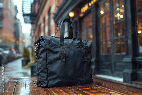 Sleek black duffel bag rests on a shiny, rain-soaked wooden bench in an urban setting