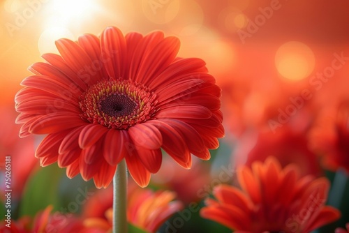 A red flower with a yellow center is the main focus of the image