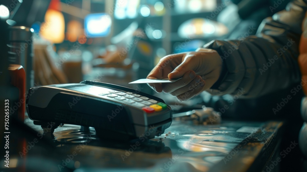 A persons hand swiping a credit card on a wireless payment device demonstrating the convenience of technology in the payment process.
