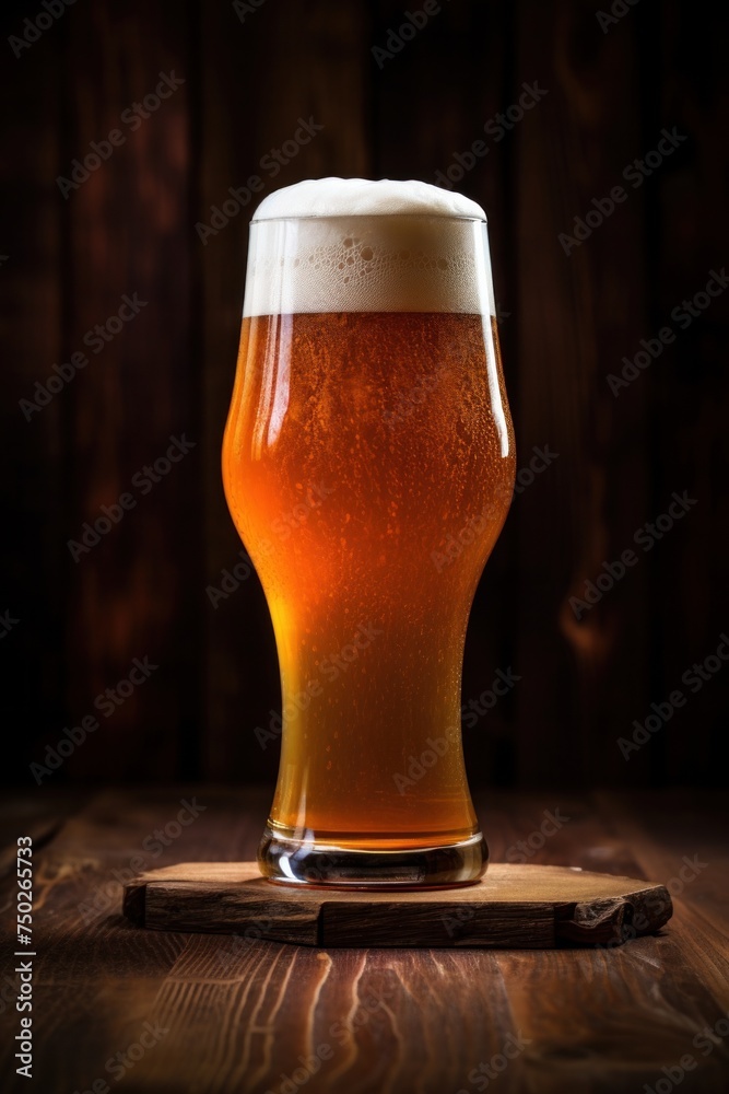Draft beer in a glass on a wooden counter with brown accents.