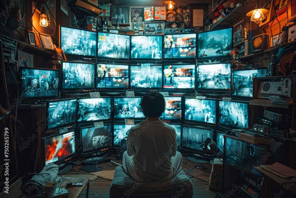Visualizing media control: man amidst a grid of screens projecting content Visualizing media control: man amidst a grid of screens projecting content
