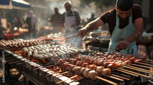 The aroma of grilled meats and kebabs wafts through the streets as vendors set up outdoor grills to sell popular iftar dishes.