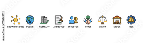 Ipo banner web icon vector illustration concept of initial public offering with icon of crowdfunding, public company, approved, investor, trust, equity, stock and risk	