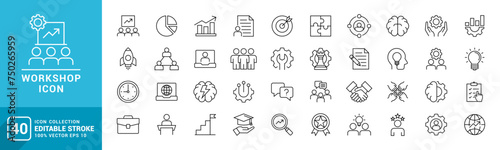 Collection of workshop icons, business, meeting, presentation, success, innovation, vector template editable stroke EPS 10