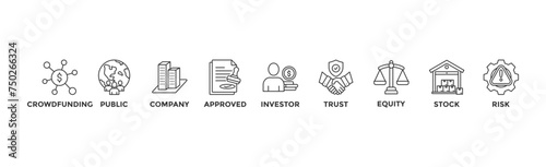 Ipo banner web icon vector illustration concept of initial public offering with icon of crowdfunding, public company, approved, investor, trust, equity, stock and risk	