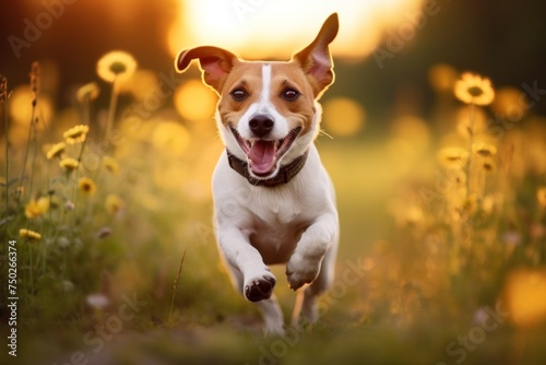 A cheerful Jack Russell Terrier with his mouth open and his tongue sticking out. with a collar running in a field of flowers