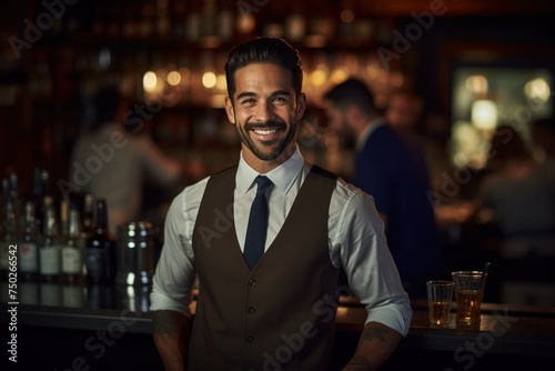 American male bartender Wipe a wine glass with a napkin while standing at the counter in a bar.