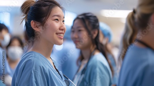 A group of students dressed in scrubs gathered in a hospital setting as they shadow doctors and observe reallife medical procedures. © Justlight