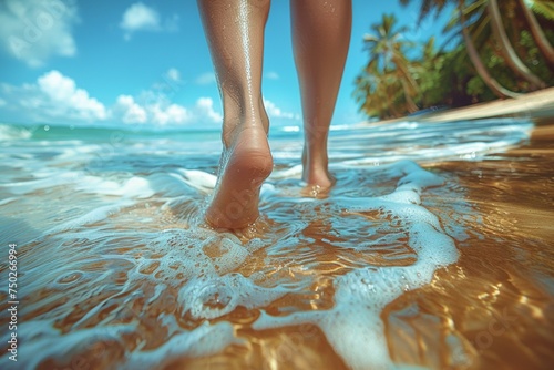 A woman s feet are in the ocean water