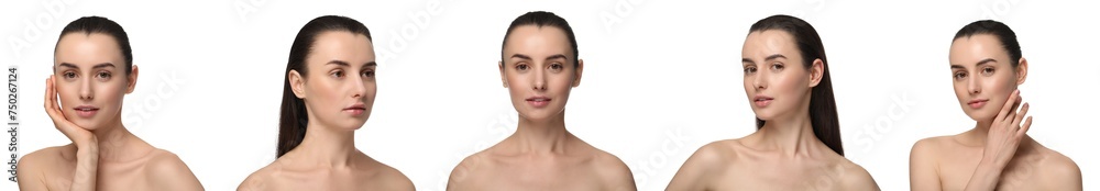 Beautiful woman with perfect smooth skin on white background, collage of photos Beautiful woman with perfect smooth skin on white background, collage of photos