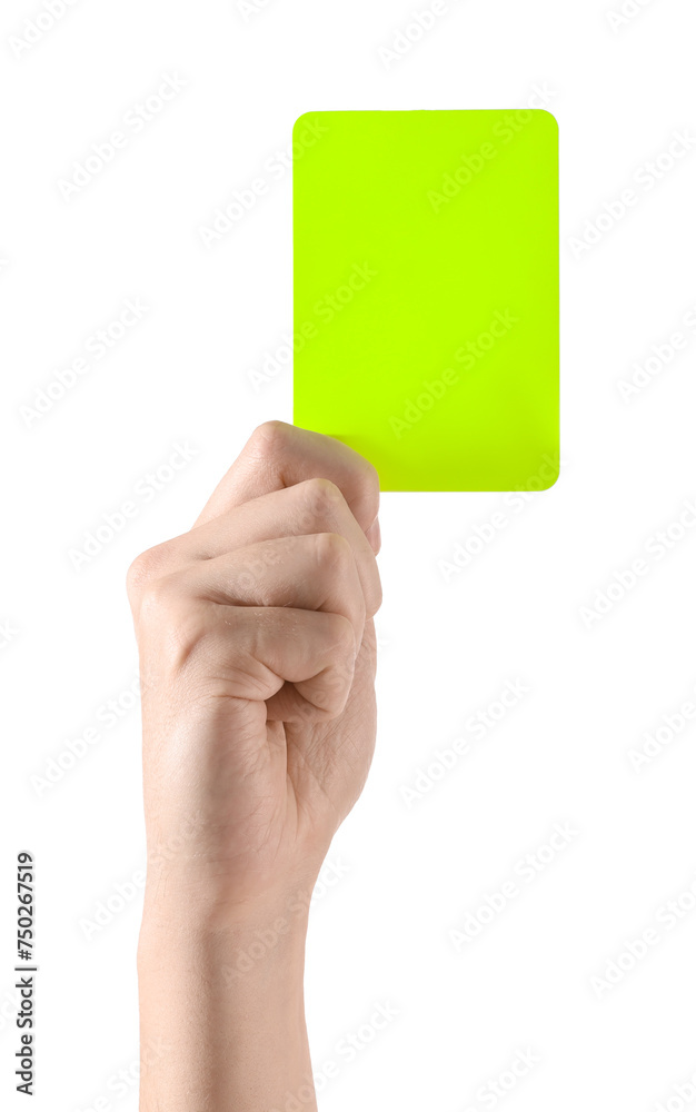 Referee holding yellow card on white background, closeup
