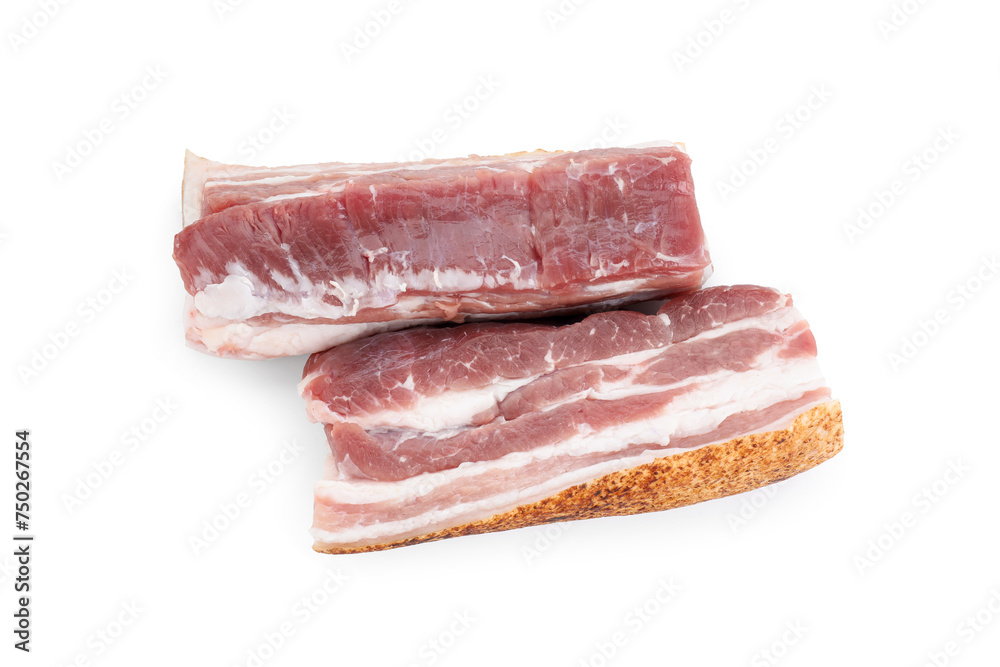 Pieces of raw pork belly isolated on white, top view