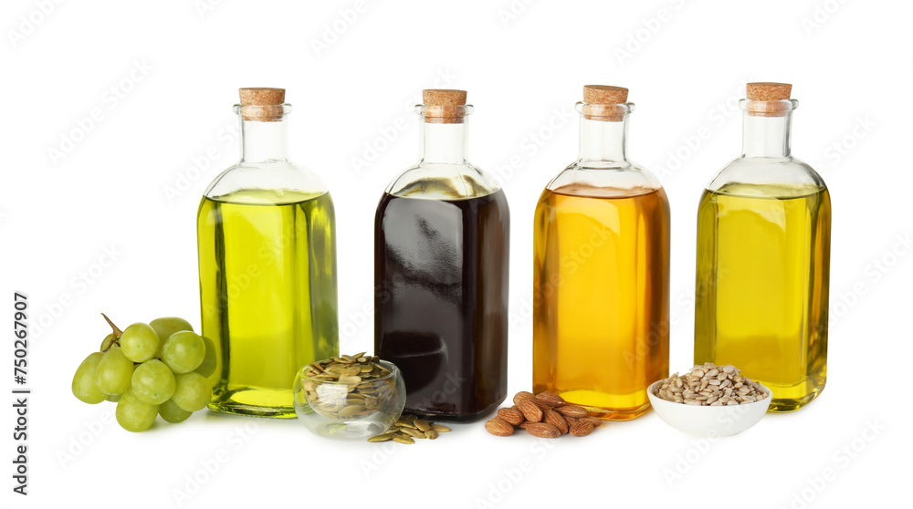 Vegetable fats. Bottles of different cooking oils and ingredients isolated on white Vegetable fats. Bottles of different cooking oils and ingredients isolated on white