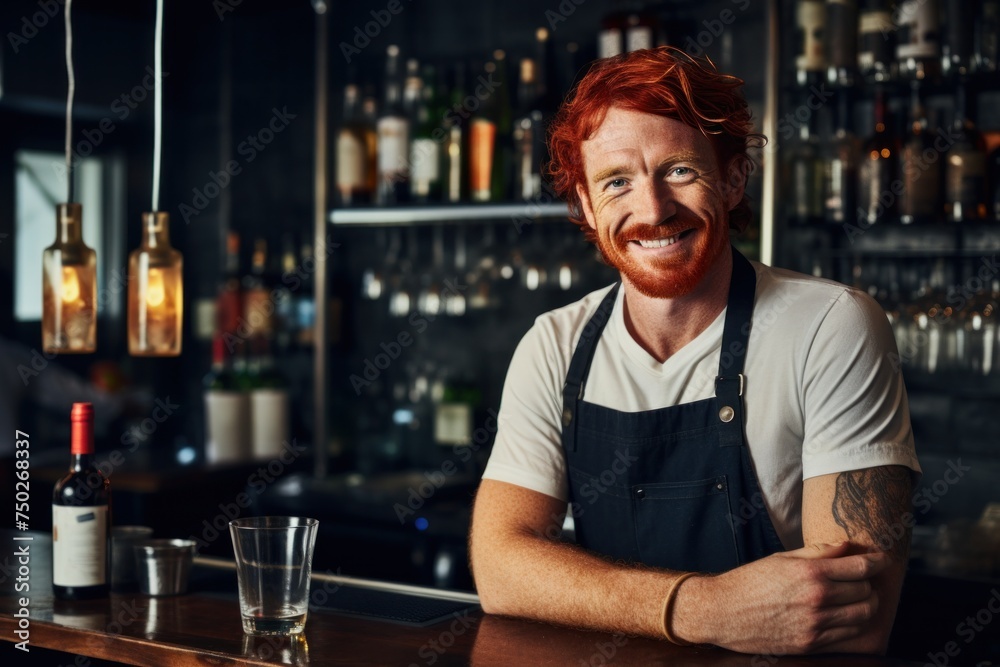 The red-haired male bartender was smiling as he stood at the bar counter with several bottles of alcohol. The red-haired male bartender was smiling as he stood at the bar counter with several bottles of alcohol.
