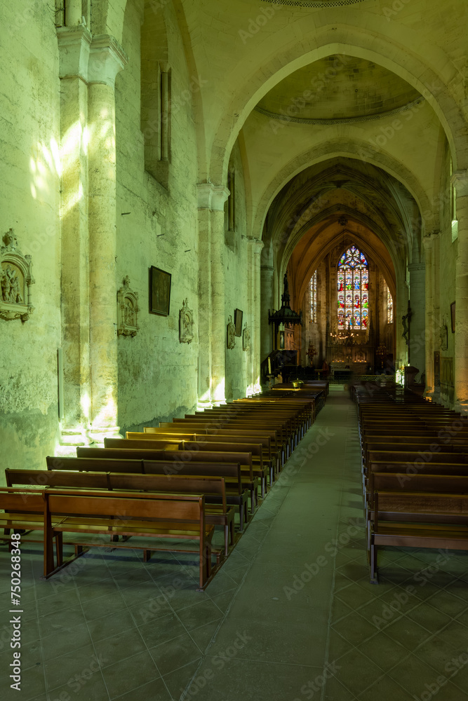 Views of interior of old church of medieval town St. Emilion, production of red Bordeaux wine on cru class vineyards in Saint-Emilion wine making region, France, Bordeaux