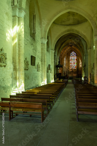 Views of interior of old church of medieval town St. Emilion  production of red Bordeaux wine on cru class vineyards in Saint-Emilion wine making region  France  Bordeaux