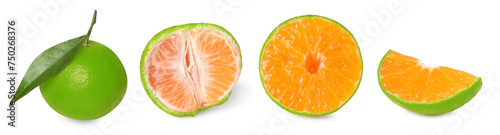 Fresh green tangerines isolated on white, collage photo