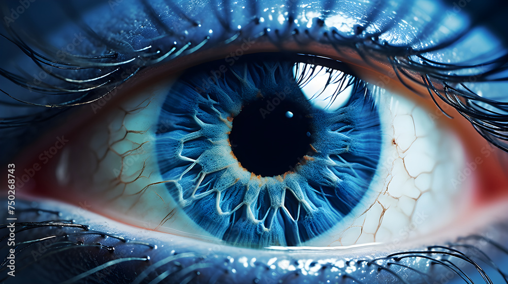 Magnified Beauty: Gazing Into The Depths of A Crystal Clear, Vibrant Blue Human Eye - obrazy, fototapety, plakaty 