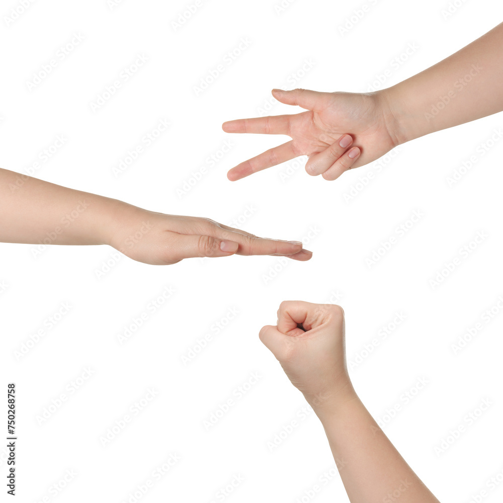 People playing rock, paper and scissors on white background, top view