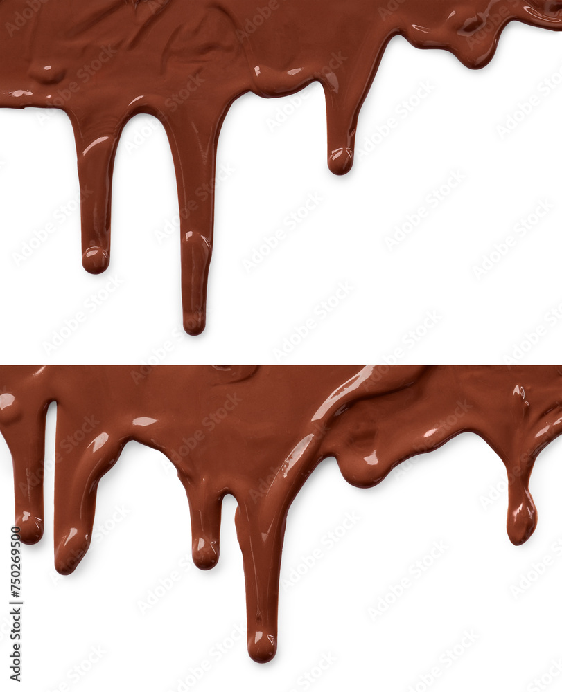 Tasty melted milk chocolate pouring down on white background, collage Tasty melted milk chocolate pouring down on white background, collage