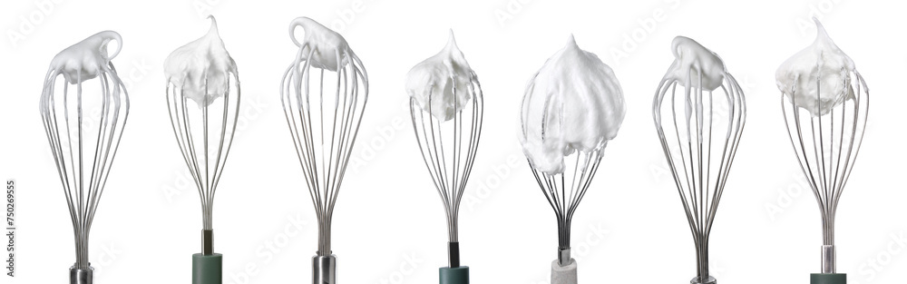 Many different whisks with cream isolated on white, collection Many different whisks with cream isolated on white, collection