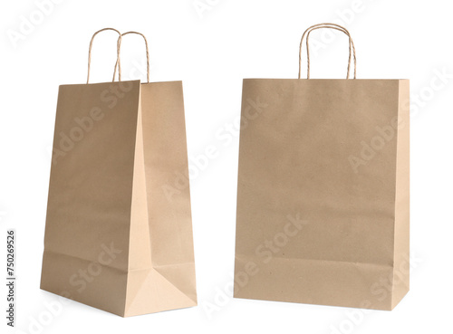 Kraft paper bags with handles isolated on white