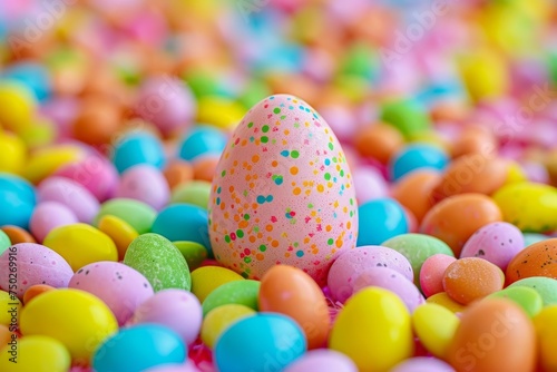 A Vibrant Easter Celebration: A Colorful Egg Nestled Amongst an Array of Sweet Candies, Symbolizing Spring's Joyful Bounty