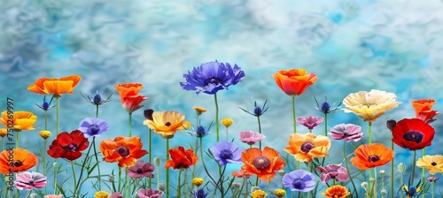 Vibrant spring flower meadow with blue sky and blurred background for text  nature landscape