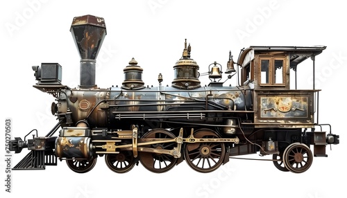 Old time vintage railroad steam locomotive train engine, isolated on white