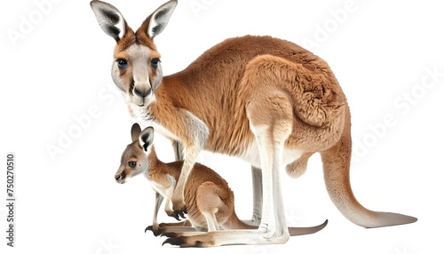 Red kangaroo carrying a cute Joey, isolated on clean white photo