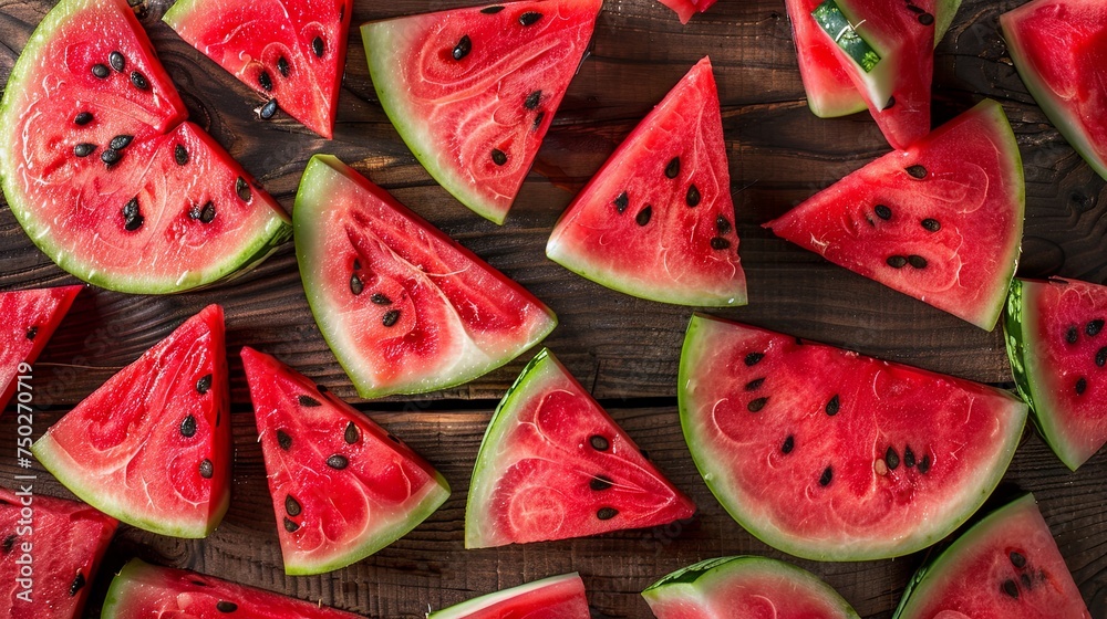 Fresh watermelon slices on table. Top view close-up. Watermelon background Fresh watermelon slices on table. Top view close-up. Watermelon background