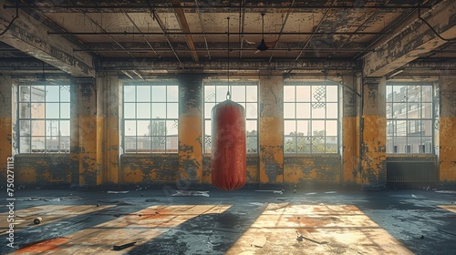 red punching bag in abandoned room 