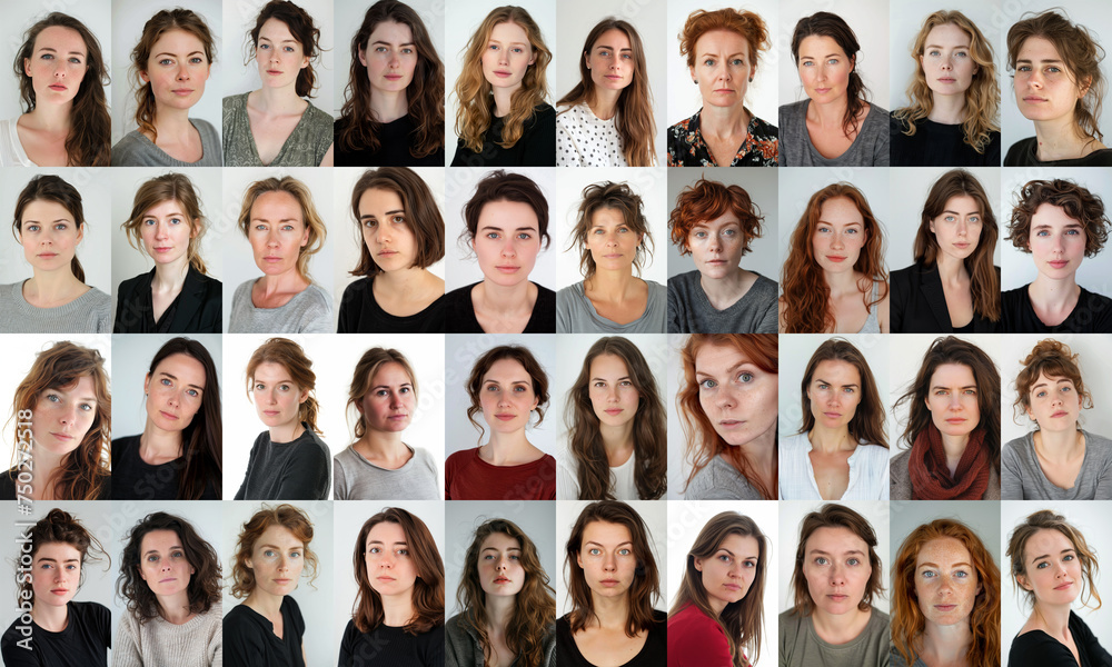 Obraz premium composite portrait of different white caucasian women headshots, on white background