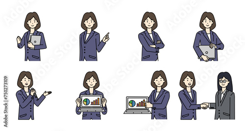  様々なシーンの営業女性のシンプルなイラストセット