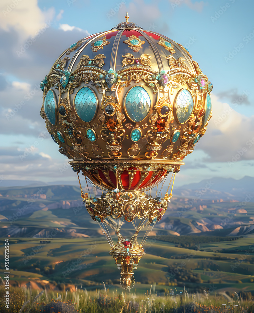 A colorful hot air balloon is adorned with gold gems and turquoise against a blue sky with clouds.