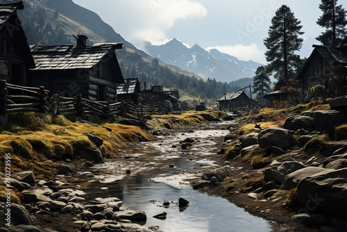 Rustic Mountain Village by a Gentle Stream. 