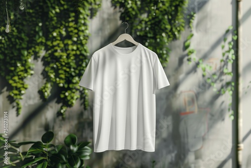 Blank white t-shirt mockup with greenery background