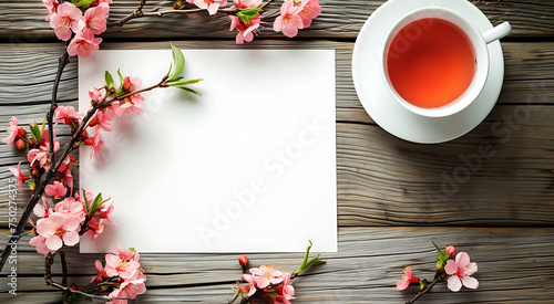 Blank white paper with cherry tree branches and a cup of tea on a wooden table from top view.