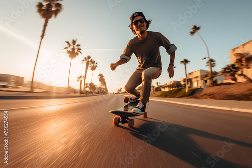dude skating a palm beach road next to a beach, skating 