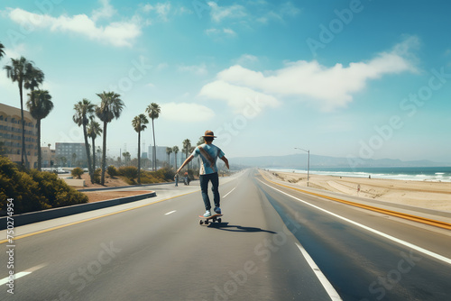 dude skating a palm beach road next to a beach, skating 