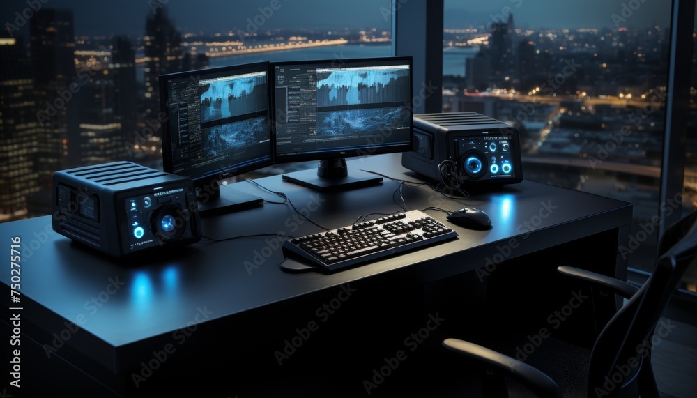 Naklejka premium Enhance video editing experience dual monitors for increased productivity and workspace expansion