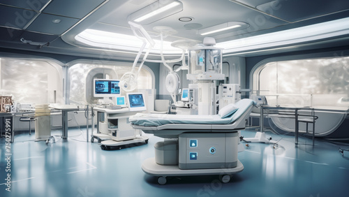 The heart of the room: a high-tech surgical table, a canvas for intricate medical artistry. Overhead, surgical lights cast an intense, focused glow, 