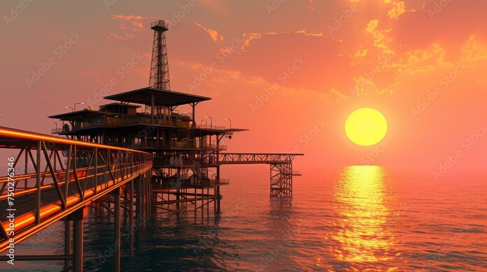Vibrant sunset seascape with silhouette of offshore oil rig for drilling operations