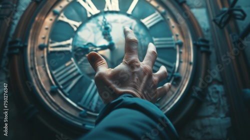 A hand reaching out from behind a clock representing the need to seize and make the most of every moment in the fastpaced business environment.
