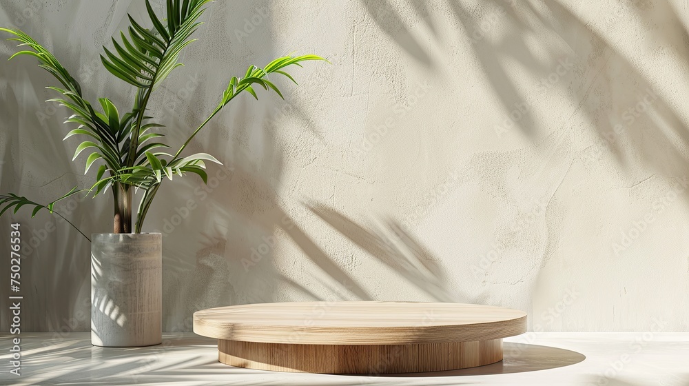 Top View of Modern Teak Wood Podium with Tropical Greenery for Product Display Top View of Modern Teak Wood Podium with Tropical Greenery for Product Display