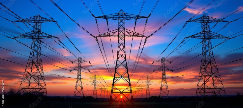 Silhouette of electric power lines against a stunning blue and pink sky at sunset